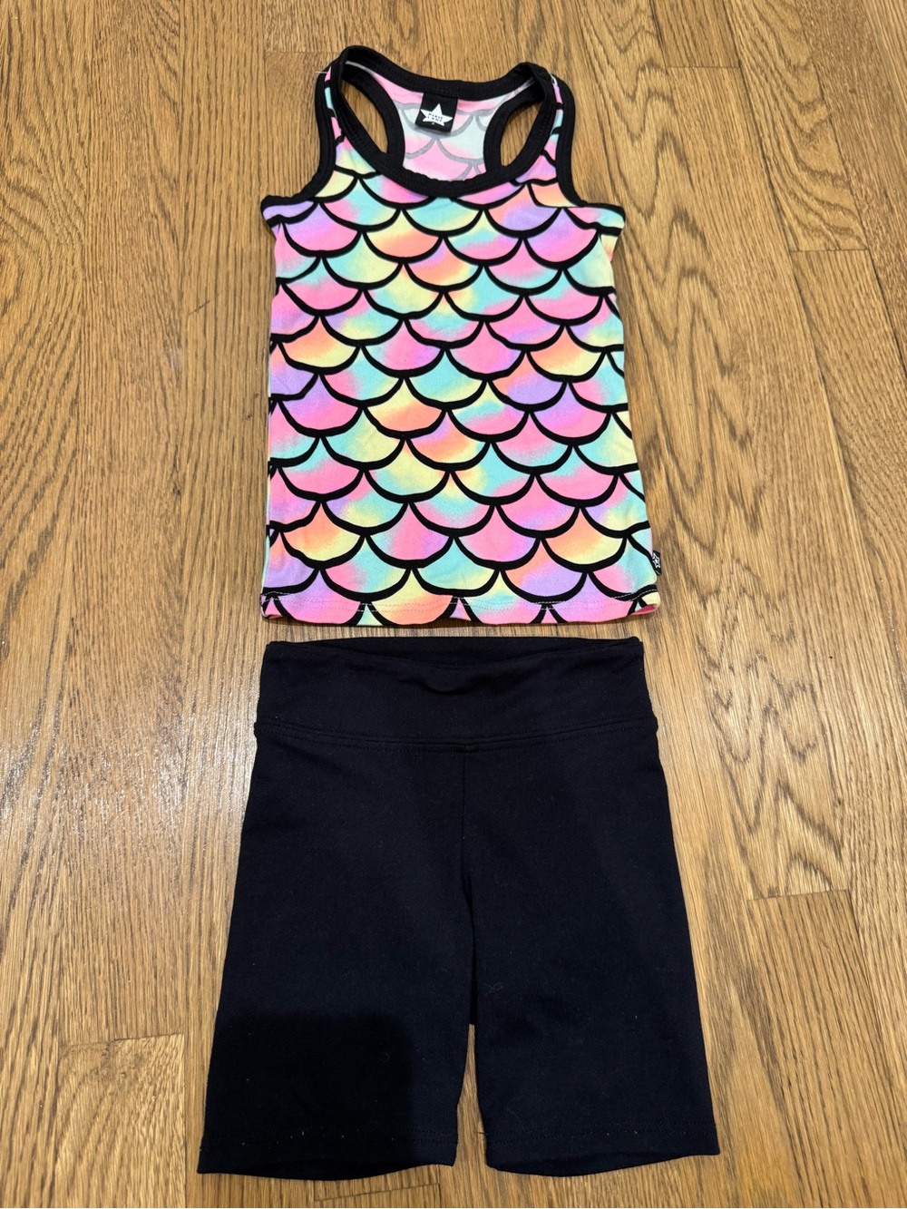 Pixielane Rainbow Mermaid Scale Tank with Black Bike Shorts set 2T